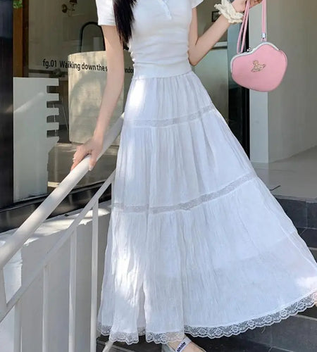 Spring Summer Black Beige Patchwork Lace Temperament Pleated Long Skirts Women White Elegant High Waist Vacation Skirt Popular