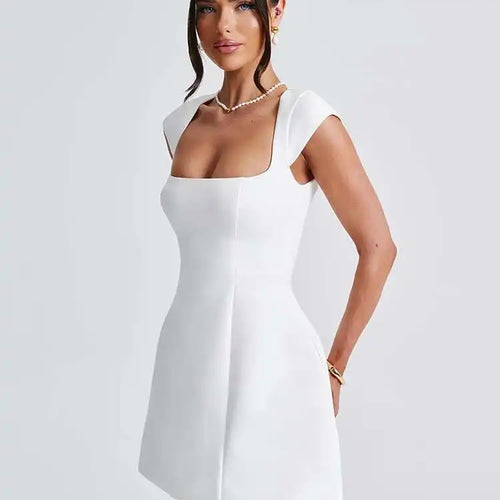 Load image into Gallery viewer, Square Collar Short Sleeve Mini Dress For Women Robe New Fashion Solid A-line Loose High Waist Short Dress Elegant
