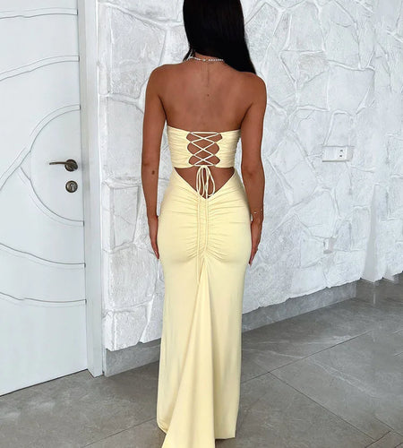 Sexy Sleeveless Bodycon Hollow Out Dress For Women Lace Up Pleats Slim Maxi Female Vestidos Elegant Party Evening Dress