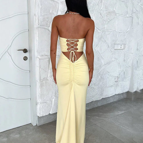 Load image into Gallery viewer, Sexy Sleeveless Bodycon Hollow Out Dress For Women Lace Up Pleats Slim Maxi Female Vestidos Elegant Party Evening Dress
