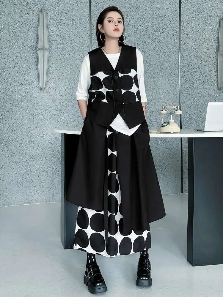 Big Size Black Dot Vest Wide Leg Pants Two Piece Suit New V-Neck Sleeveless Women Fashion Tide Spring Autumn 2025 1DJ1039