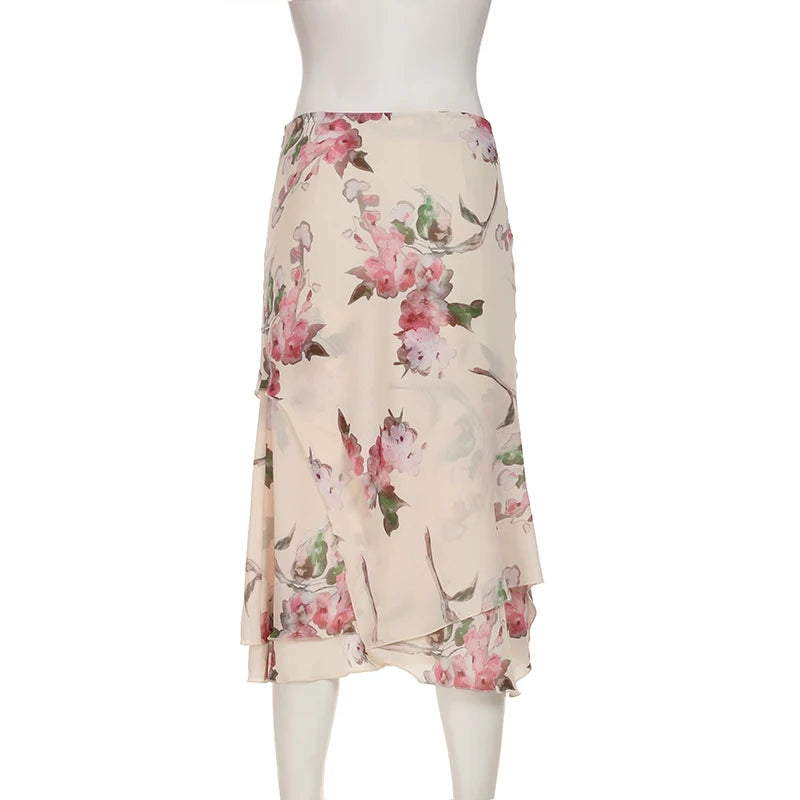 Vintage Floral Printed Asymmetric Hem Skirts Low Waist Slimming Holiday Mesh Summer Skirt Women Fashion Bottoms 2025