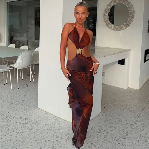 Load image into Gallery viewer, Halter Deep V Neck Print Sexy Maxi Dress For Women Gown Summer New Hollow Out Sleeveless Backless Beach Long Dress
