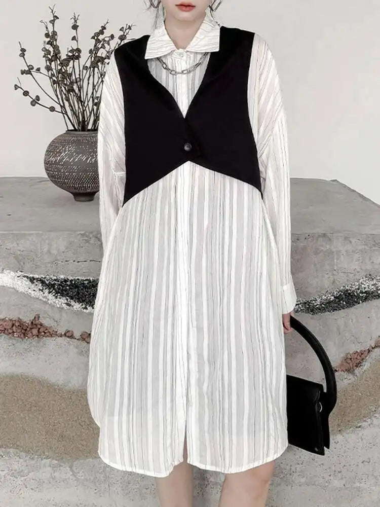 Women Black White Color-block Big Size Striped Shirt Dress New Lapel Long Sleeve Fashion Spring Autumn 2025 1DH4348