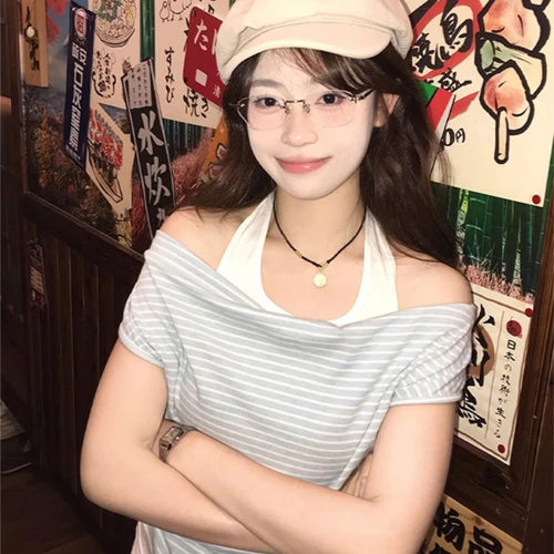 Load image into Gallery viewer, 2025 Harajuku Fake Two Pieces Stripe T-shirt Women Y2k Aesthetic Halter Patchwork Grunge Tees Streetwear Casual Pleated Tshirts
