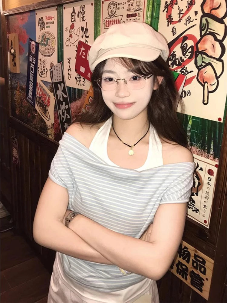 2025 Harajuku Fake Two Pieces Stripe T-shirt Women Y2k Aesthetic Halter Patchwork Grunge Tees Streetwear Casual Pleated Tshirts