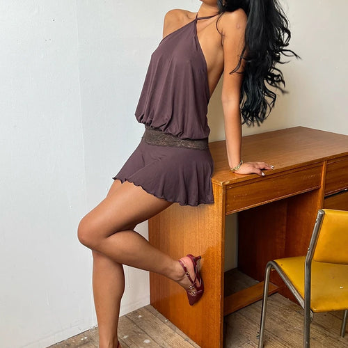 Load image into Gallery viewer, Halter Backless Sexy Mini Dress Women Robe Fashion Summer New Lace Patchwork Sleeveless Pleated Ruffled Club Dress
