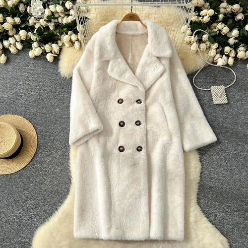 Load image into Gallery viewer, Korean Fashion 2024 Winter Solid Elegant Double-breasted Warm Imitation Mink Fur Coat Women Office Lady Thick Loose Long Jacket
