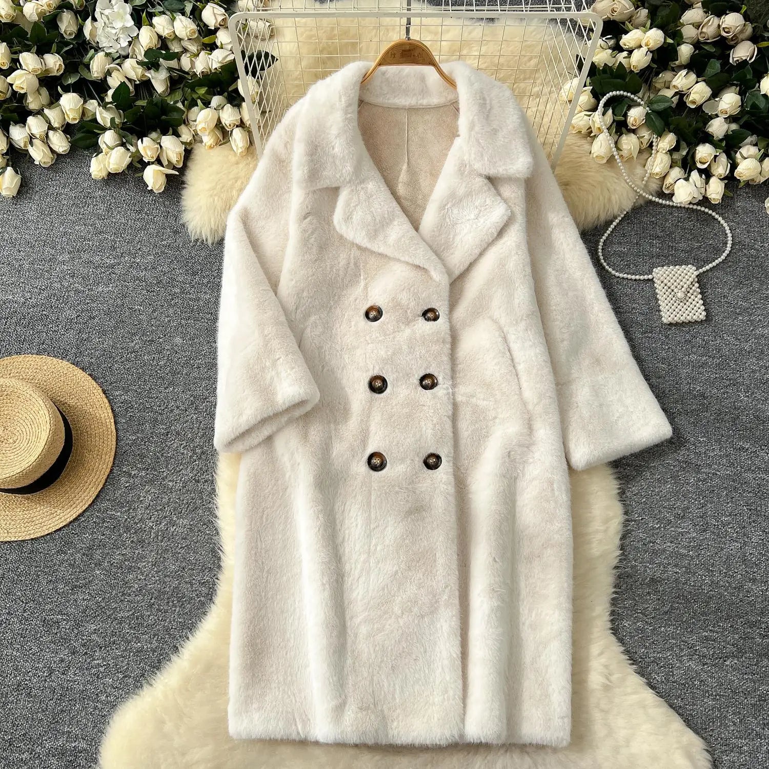 Korean Fashion 2024 Winter Solid Elegant Double-breasted Warm Imitation Mink Fur Coat Women Office Lady Thick Loose Long Jacket