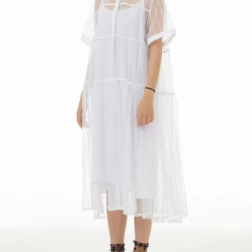 Load image into Gallery viewer, Women Black Mesh Perspective Midi Elegant Shirt Dress New Lapel Short Sleeve Fashion Tide Spring Summer 2025 1DJ0866
