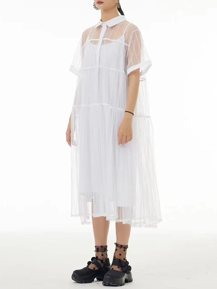 Women Black Mesh Perspective Midi Elegant Shirt Dress New Lapel Short Sleeve Fashion Tide Spring Summer 2025 1DJ0866