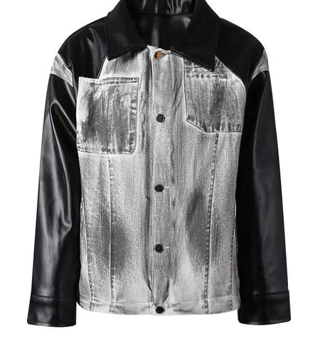 Black Denim Pu Leather Spliced Big Size Jacket New Lapel Long Sleeve Women Coat Fashion Tide Spring Autumn 2025 CPG2873