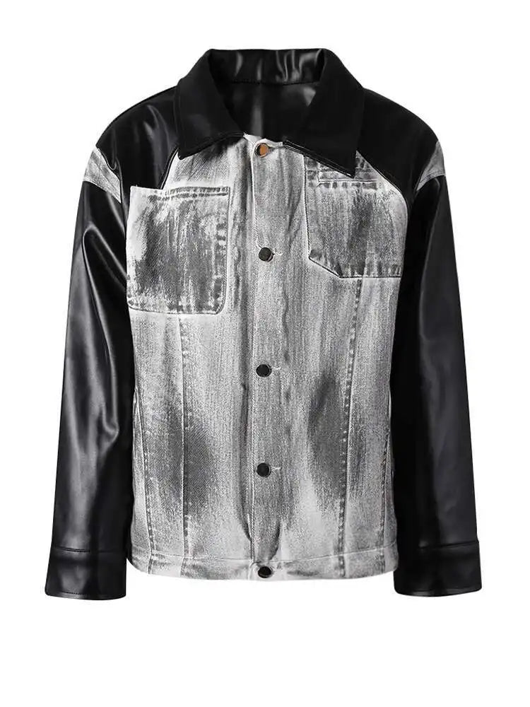 Black Denim Pu Leather Spliced Big Size Jacket New Lapel Long Sleeve Women Coat Fashion Tide Spring Autumn 2025 CPG2873