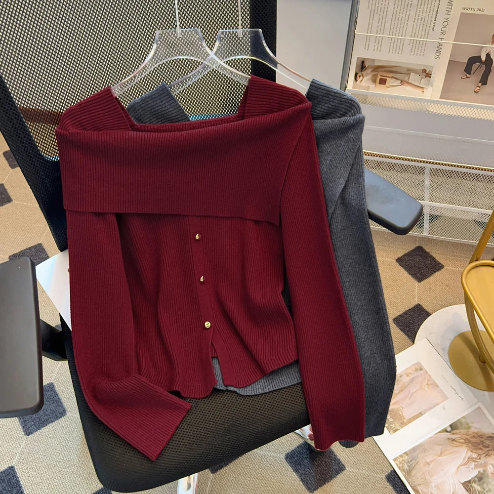 Autumn Winter Korean Black Square Neck Long Sleeve Versatile Sweater Women Red Single Breasted Short Knitted Tops Popular Simple