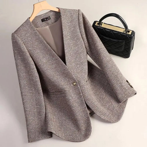 Load image into Gallery viewer, Korean Fashion Women Brown Long Sleeve Slim Woolen Blazer Coat 2024 New Autumn Winter Ladies Grey V Neck Single Button Jacket

