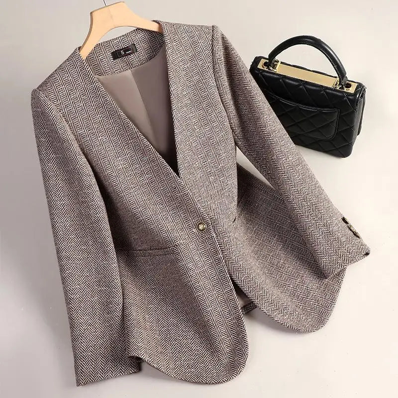 Korean Fashion Women Brown Long Sleeve Slim Woolen Blazer Coat 2024 New Autumn Winter Ladies Grey V Neck Single Button Jacket