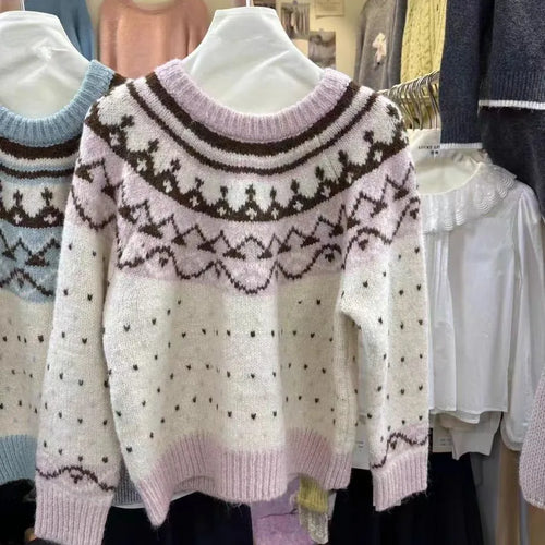 Load image into Gallery viewer, Vintage 2024 Women Pink Patchwork Elegant Knitted Sweater Autumn Winter Blue Long Sleeve Round Neck Pullover Tops Popular Trendy
