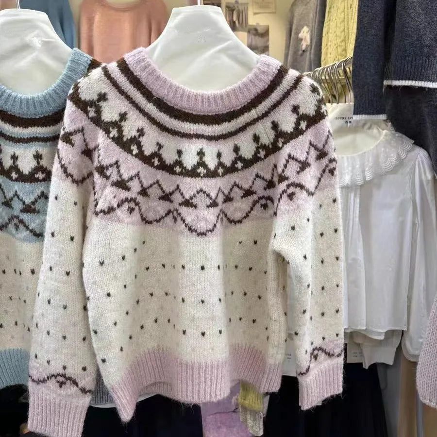 Vintage 2024 Women Pink Patchwork Elegant Knitted Sweater Autumn Winter Blue Long Sleeve Round Neck Pullover Tops Popular Trendy