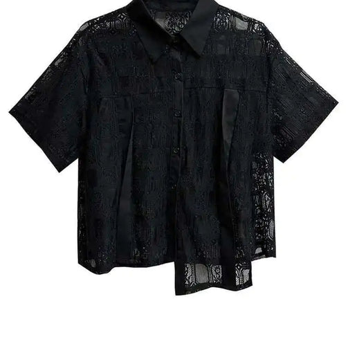 Load image into Gallery viewer, Women White Lace Perspective Big Size Thin Blouse New Lapel Short Sleeve Shirt Fashion Tide Spring Summer 2025 1DH5625
