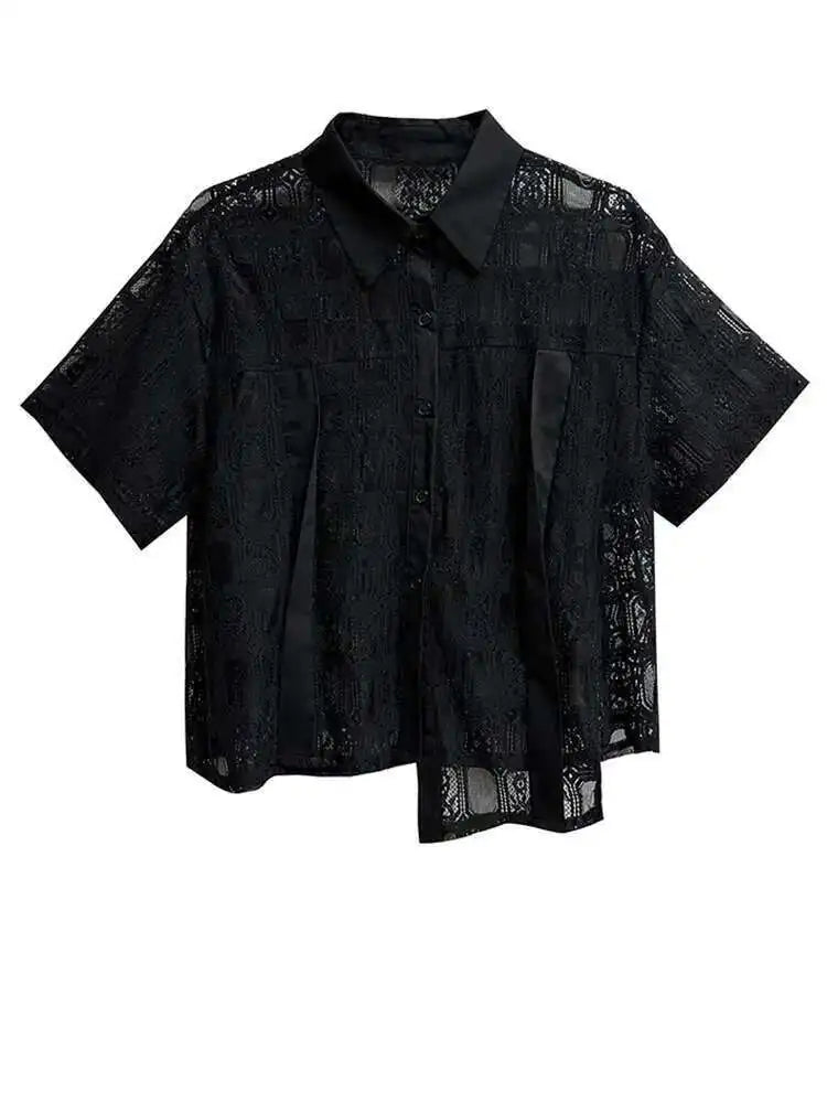 Women White Lace Perspective Big Size Thin Blouse New Lapel Short Sleeve Shirt Fashion Tide Spring Summer 2025 1DH5625