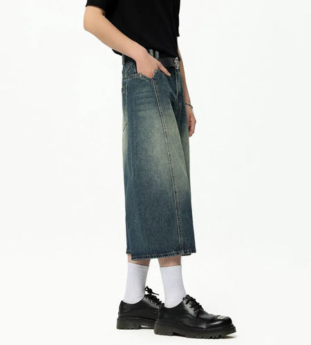 Men's High Street New American Style Casual Washed Cropped Male Denim Shorts Straight Leg Gradient Color Summer 9W1724