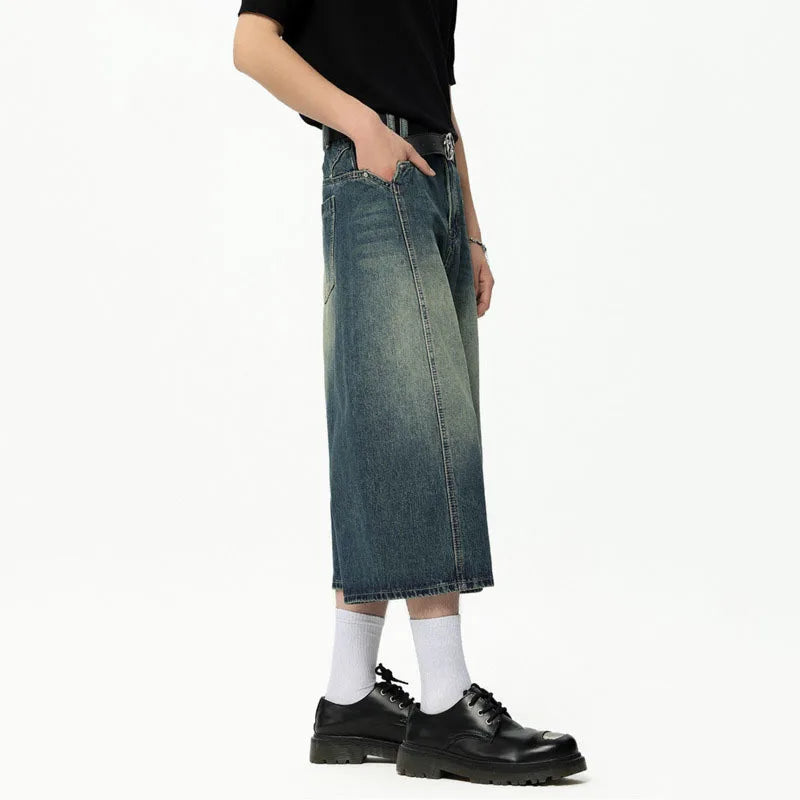 Men's High Street New American Style Casual Washed Cropped Male Denim Shorts Straight Leg Gradient Color Summer 9W1724