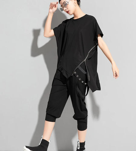 Women Black Zipper Irregular Hem Big Size T-shirt New Round Neck Short Sleeve Fashion Tide Spring Summer 2025 1DJ1761