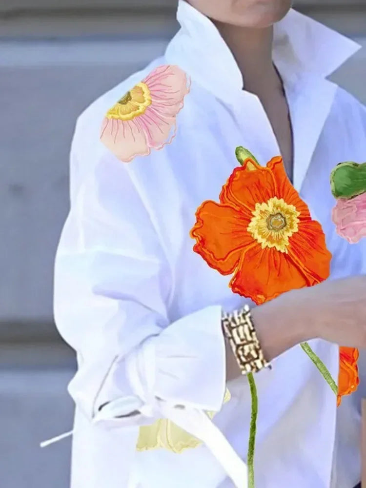Spring Summer Floral Printed Lapel Blouses For Women Flared Sleeves Buttoned Urban Casual Shirts Tops