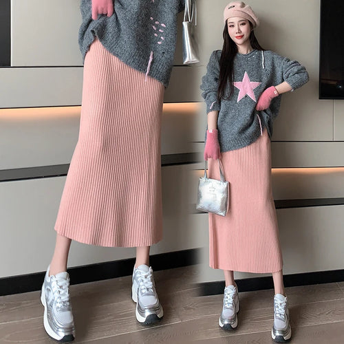 Load image into Gallery viewer, Autumn Winter Women Solid Straight Knitted Skirt Elastic High Waist Office Ladies Striped Wrapped Hip Long Skirts Popular
