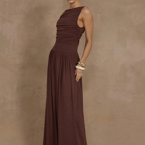 Load image into Gallery viewer, Elegant Sleeveless Maxi Dress For Women Fashion Solid Boat Neck Tank Dresses Ladies Sexy Ruched Long Dress New Gown
