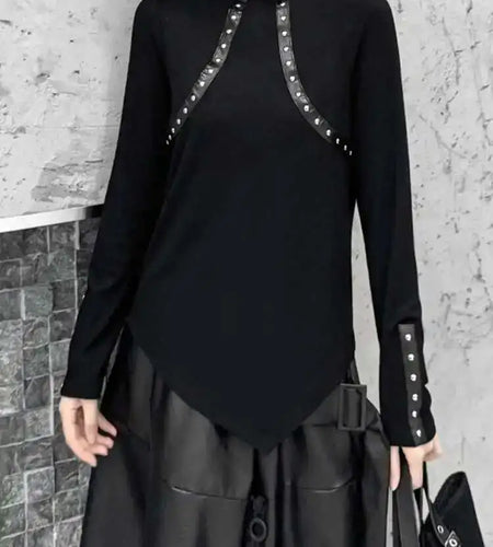 Women Black Rivet Leather Irregular Slim CasualT-shirt New Turtleneck Long Sleeve Fashion Tide Spring Autumn 2025 1DH9991