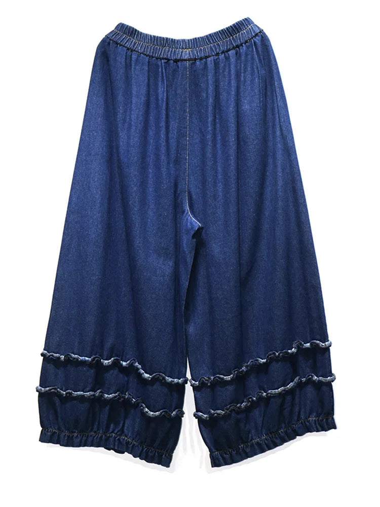 High Elastic Waist Blue Denim Ruffles Casual Wide Leg Jeans New Women Trousers Fashion Tide Spring Autumn 2025 1DJ0422