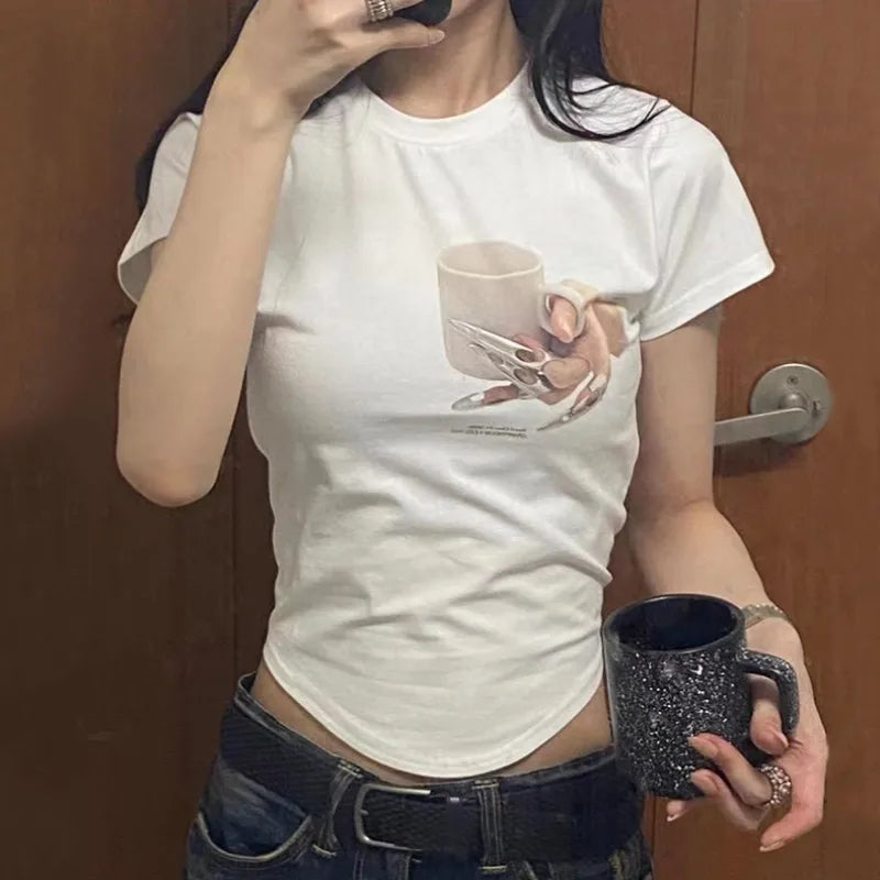 Korean Fashion Irregular Crop Tops Chic Graphic T-shirts Y2k Aesthetics Sexy Slim Tshirt Grunge Print Designer Clothes
