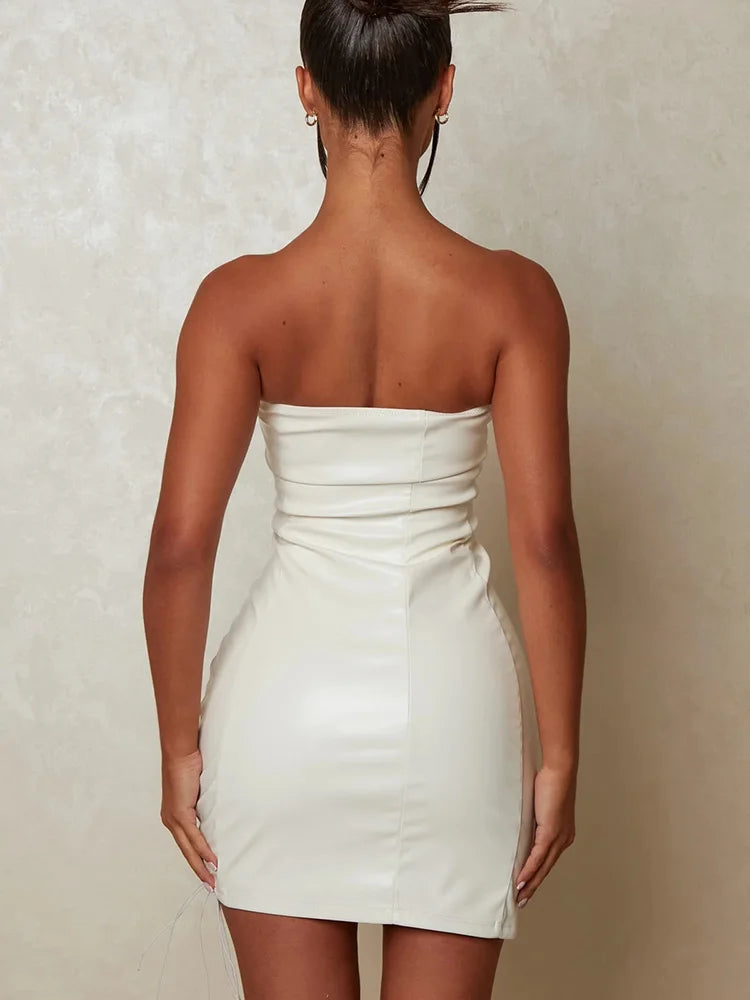 Hollow Out PU Leather Sexy Mini Dresses For Women Strapless Sleeveless Backless Bodycon Party Short Dress Vestido