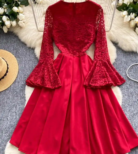 French Women Red Patchwork Lace Birthday Evening Party Dresses Autumn Round Neck Elegant Festival Long Sleeved Bow Pleated Dress