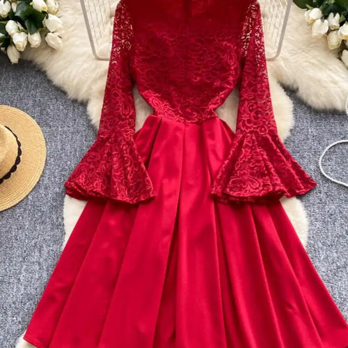 Load image into Gallery viewer, French Women Red Patchwork Lace Birthday Evening Party Dresses Autumn Round Neck Elegant Festival Long Sleeved Bow Pleated Dress

