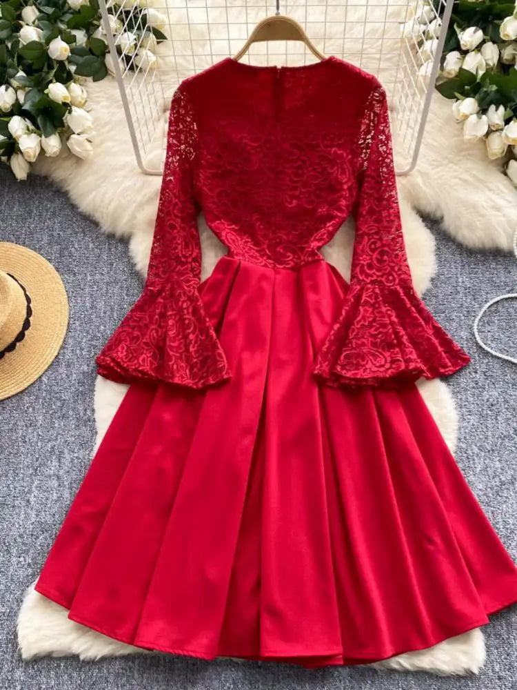 French Women Red Patchwork Lace Birthday Evening Party Dresses Autumn Round Neck Elegant Festival Long Sleeved Bow Pleated Dress