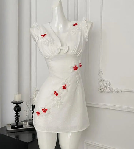 French Vintage Women's White Flower V Neck Elegant Holiday Short Vest Dress Summer Brown Sleeveless Ruffles Party Dress New Chic