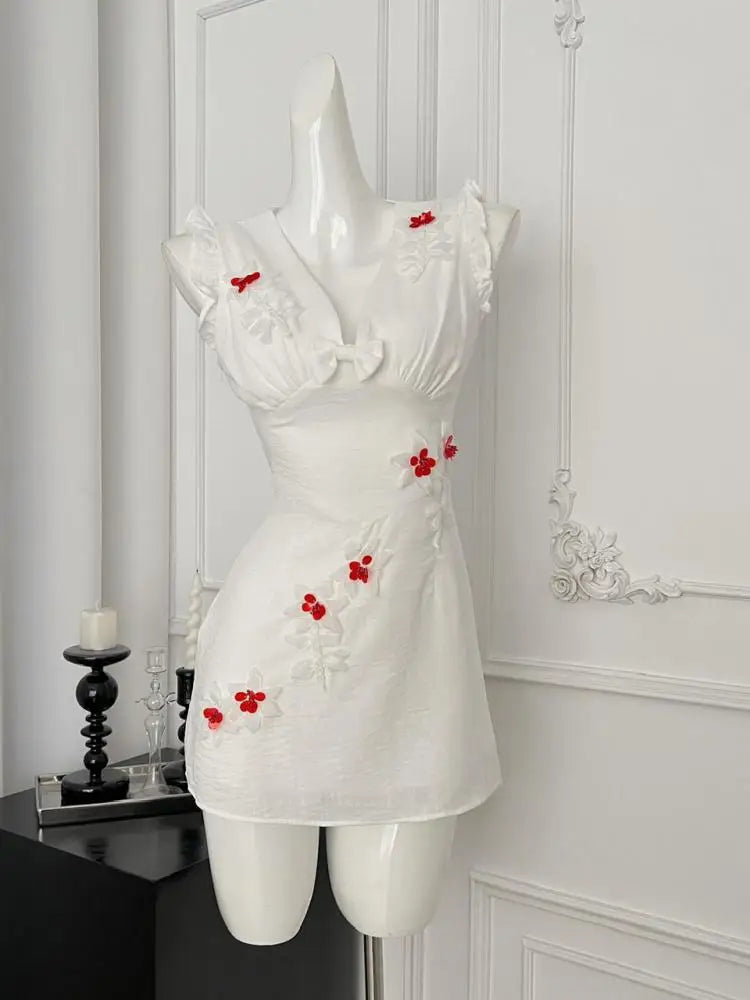 French Vintage Women's White Flower V Neck Elegant Holiday Short Vest Dress Summer Brown Sleeveless Ruffles Party Dress New Chic