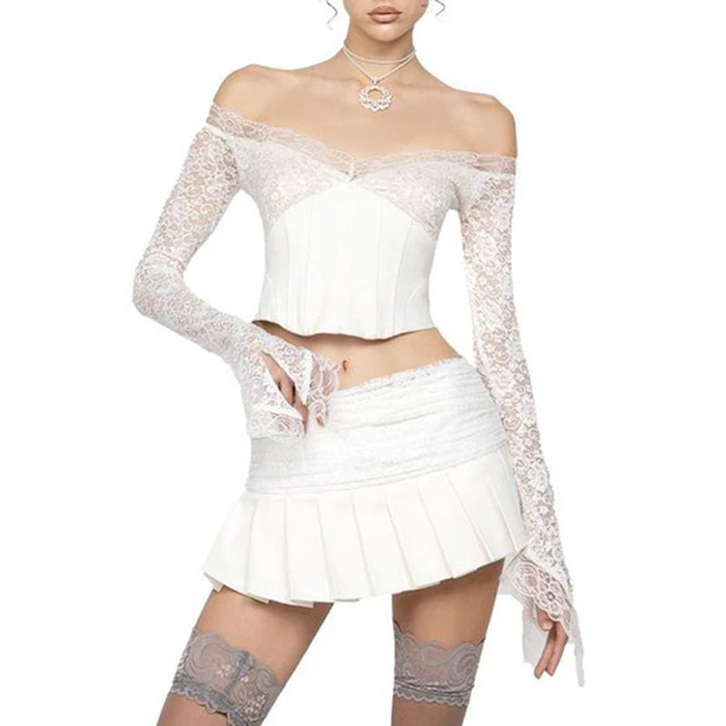 Fashion Party Lace Patched Corset Women's Tee Shirts Flare Sleeve Transparent Off Shoulder Top Party Tie Up Clubwear