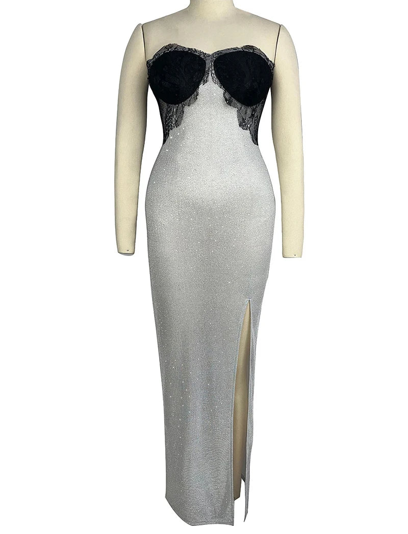 Sleeveless Sexy Sequins Strapless Thigh Slit Maxi Dress For Women High Waist Off-shoulder Sexy Club Party Evening Dress