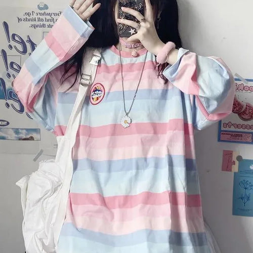 Load image into Gallery viewer, Rainbow Pullovers Women Striped Long Sleeve Top Autumn Spring Harajuku School Kawaii Korean Style Oversized Top
