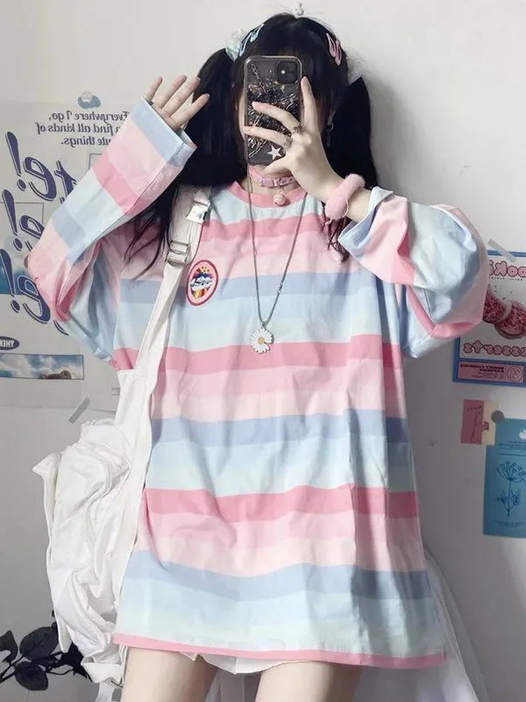 Rainbow Pullovers Women Striped Long Sleeve Top Autumn Spring Harajuku School Kawaii Korean Style Oversized Top