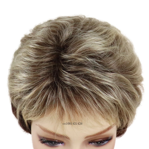 Load image into Gallery viewer, Synthetic Hair Pixie Wig Short Haircut Ombre Blonde Wigs Natural Style Mommy Wig with Bangs Mix Color Old Lady Wig Costume Party
