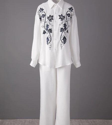 Big Size Embroidery Shirt Wide Leg Pants Two Piece Suit New Lapel Long Sleeve Women Fashion Tide Spring Autumn 2025 CPG307