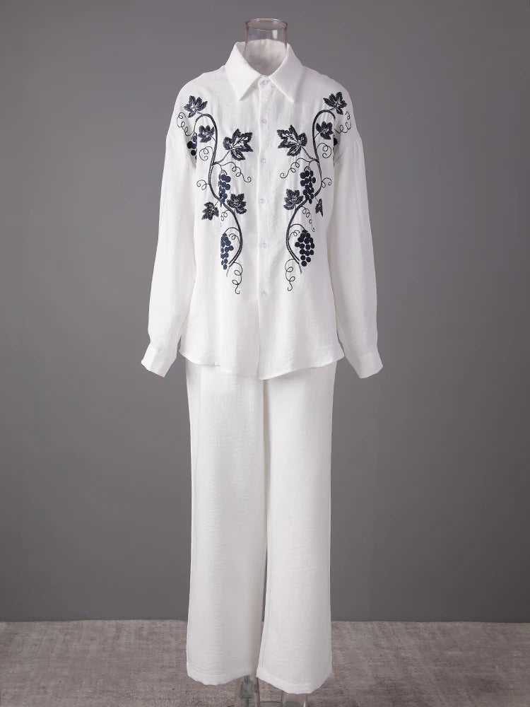 Big Size Embroidery Shirt Wide Leg Pants Two Piece Suit New Lapel Long Sleeve Women Fashion Tide Spring Autumn 2025 CPG307