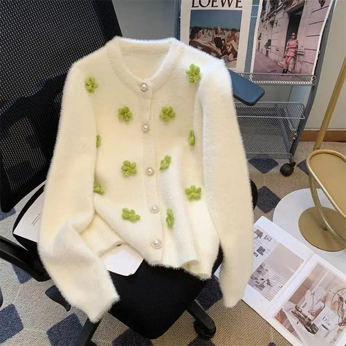 Load image into Gallery viewer, Sweet Women Purple Green Flower Decoration Knitted Single Breasted Cardigan Sweater Long Sleeve Loose O-neck Autumn Winter Tops
