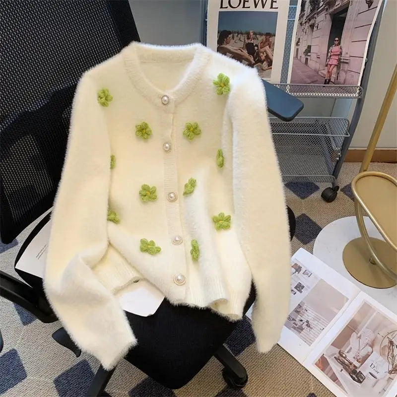 Sweet Women Purple Green Flower Decoration Knitted Single Breasted Cardigan Sweater Long Sleeve Loose O-neck Autumn Winter Tops
