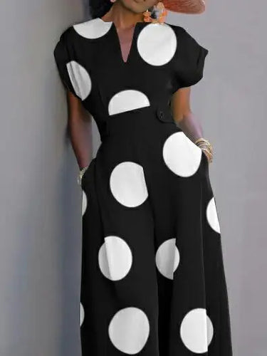 Load image into Gallery viewer, Summer Autumn Women&#39;s Retro Polka-dot Romper Short Sleeves One Pieces Wide Leg Long Pants Elegant Jumpsuits for Women
