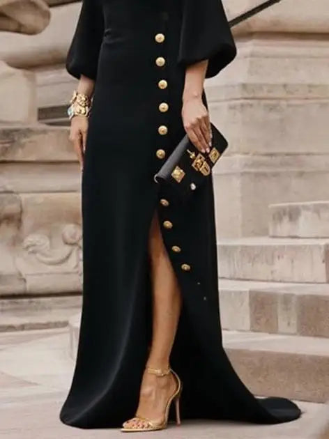 Wedding Prom Evening Gown Party Slit Maxi Dresses for Woman 2025 Lace Up Gold Button Womens Black Autumn Long Dress